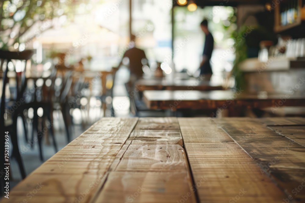 Empty wooden table in a coffee shop. A barista is working in the background. For advertising various products Empty wooden table in a coffee shop. A barista is working in the background. For advertising various products