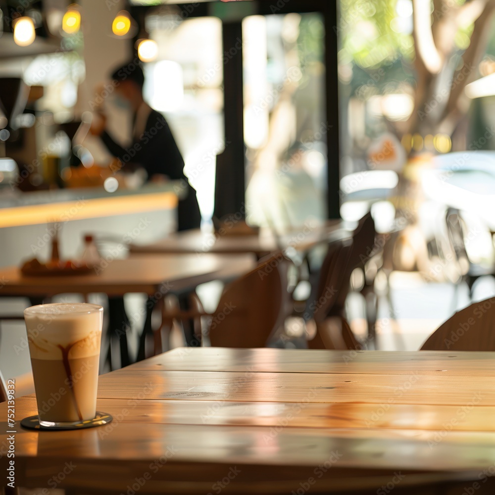 Empty wooden table in a coffee shop. A barista is working in the background. For advertising various products Empty wooden table in a coffee shop. A barista is working in the background. For advertising various products