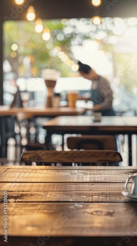 Empty wooden table in a coffee shop. A barista is working in the background. For advertising various products