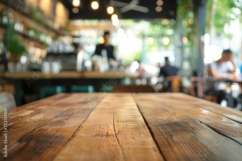 Wallpaper Mural Empty wooden table in a coffee shop. A barista is working in the background. For advertising various products Torontodigital.ca