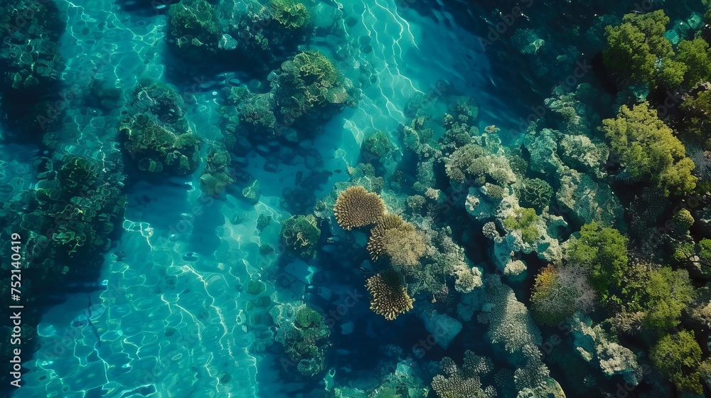 Crystal clear water showcasing a stunning coral reef with diverse marine life in a natural setting Crystal clear water showcasing a stunning coral reef with diverse marine life in a natural setting