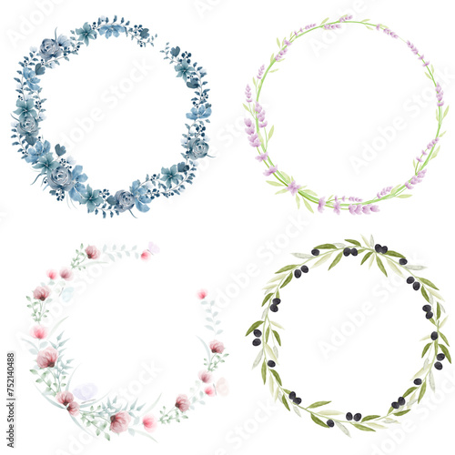 Set of Watercolor Floral Wreathes. Wreathes made of Blue Flowers, Lavender, Poppies and Olive Branches. Floral frames set. Floral Borders. Vector Illustrations.