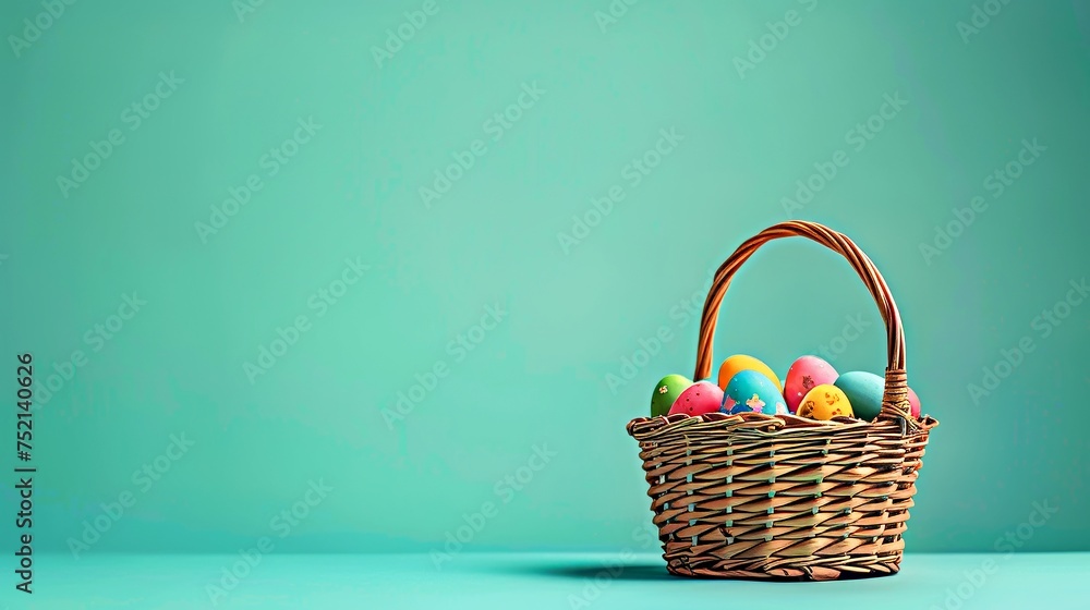 Un panier de Pâques en osier classique rempli d'œufs colorés