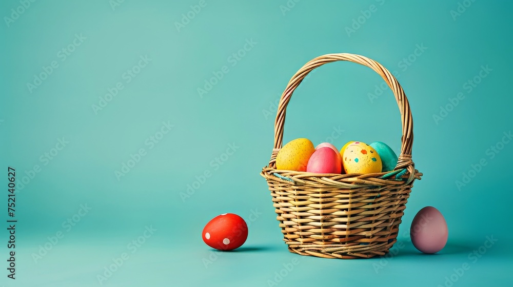 Un panier de Pâques en osier classique rempli d'œufs colorés Un panier de Pâques en osier classique rempli d'œufs colorés