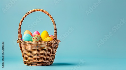 Un panier de Pâques en osier classique rempli d'œufs colorés