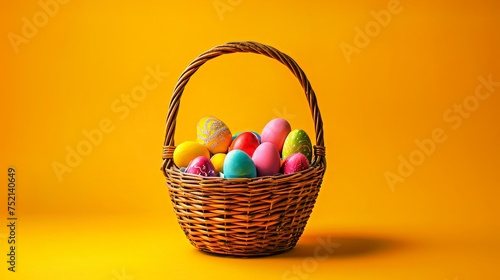 Un panier de Pâques en osier classique rempli d'œufs colorés