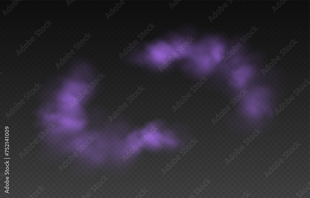 Purple smoke, colorful fog, realistic smog, haze, mist or cloudiness effect isolated on transparent background. Colored powder, holi celebration concept. Vector illustration.