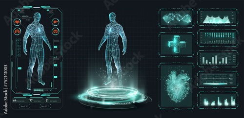 Advanced Human Body Analysis HUD with Digital Biometrics. High-tech health diagnostics interface showcasing human body scan with digital biometrics and health data in futuristic hud style. Vector