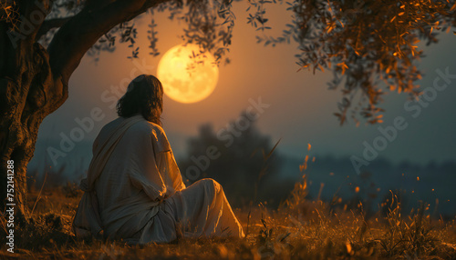 Recreation of Jesus praying in Gethsemane together an olive tree a night with full moon photo