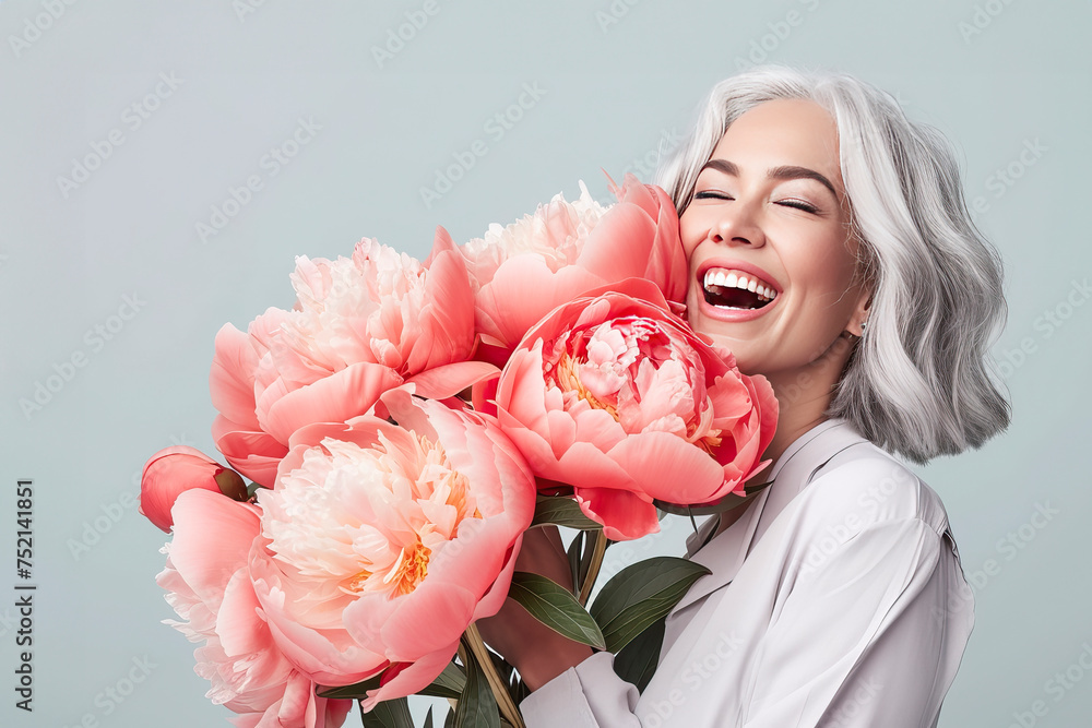Fototapeta premium A charming gray-haired lady with a bouquet of flowers. The older model demonstrates cheerfulness, harmony and love