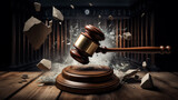 Gavel strikes echoing the principles of law and justice. A wooden judge's gavel in mid strike causing a dramatic explosion, symbolizing powerful judicial authority and legal impact.