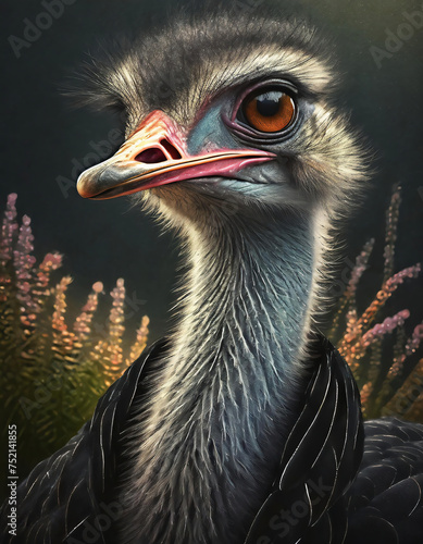 abstract portrait of an ostrich on a dark floral background. Digital painting.