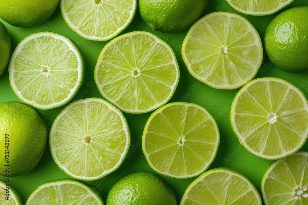 Fresh lime slices on green background. Top view. Flat lay.