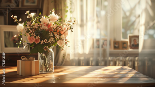 Mother's Day setup with flowers and a gift box. Interior scene with bouquet and gift box, sunny, cozy atmosphere..