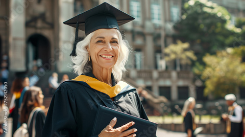 Senior European woman graduate in cap and gown smiling at her ceremony on background of younger students and college building