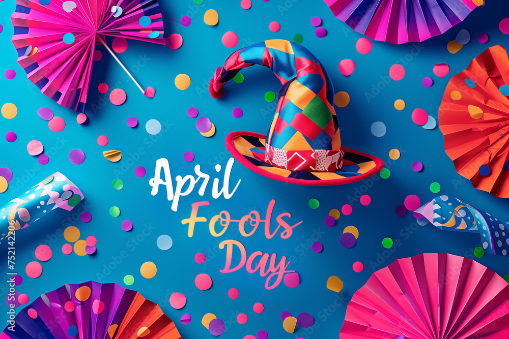 
bright background for April Fool's Day - hat, confetti, paper fans - obrazy, fototapety, plakaty 