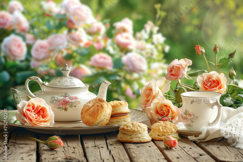 Wooden table adorned with roses, delightful tea set, porcelain cups, and freshly baked scones. Outdoor teatime amidst the beauty of an English garden, surrounded by lush bushes and blossoming roses