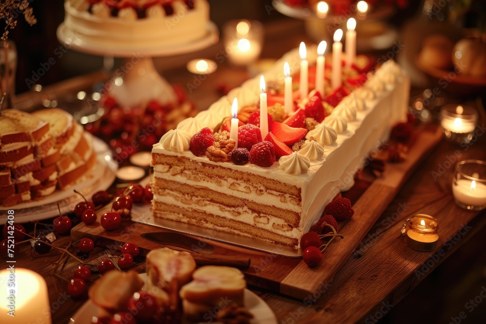 Birthday cake with berries and candles on wooden table