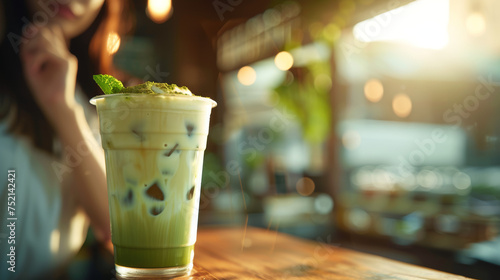 A close-up of a glass of iced matcha latte with frothy milk photo