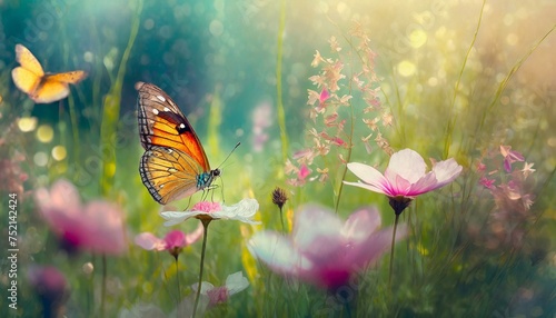 Wiosenne tło z motylami, kwiatami i trawami