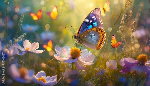 Spring background with butterflies, flowers and grasses