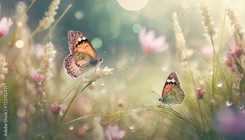 Wiosenne tło z motylami, kwiatami i trawami photo