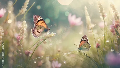 Fototapeta Wiosenne tło z motylami, kwiatami i trawami