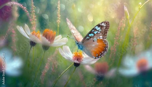 Wiosenne tło z motylami, kwiatami i trawami