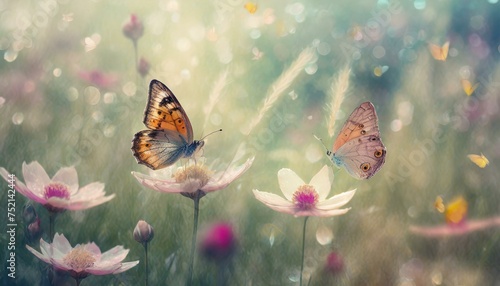 Wiosenne tło z motylami, kwiatami i trawami © Monika