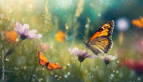 Spring background with butterflies, flowers and grasses © Monika
