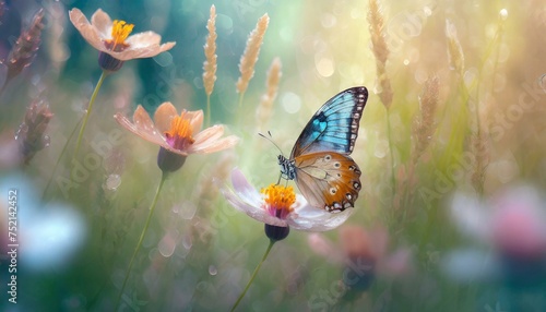 Spring background with butterflies, flowers and grasses