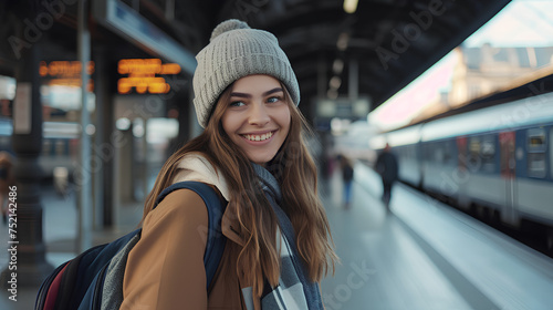 Young happy woman arriving at train station