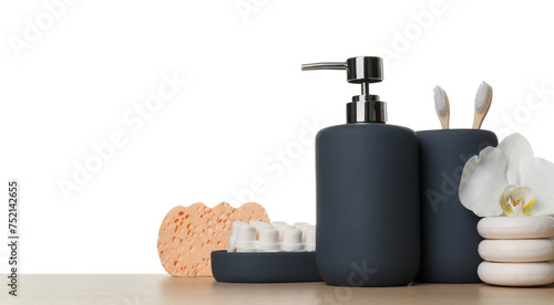 Bath accessories. Different personal care products and flower on wooden table against white background. Space for text