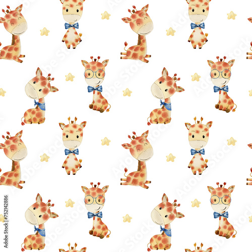 Watercolor seamless pattern with giraffes. Wallpaper for fabric, wrapping paper, etc