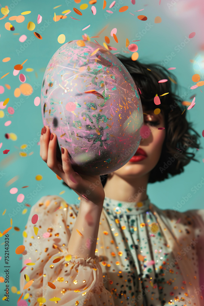 Naklejka premium fashion portrait of a model hiding behind a large easter egg on a pastel blue background with blurry confetti and copy space
