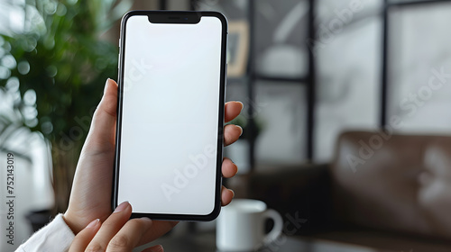 Man using smartphone blank screen frameless modern design while lying on the sofa in home interior