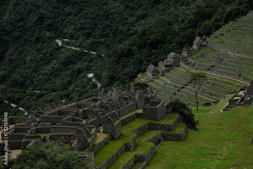 Magic Andes Valley landscape and view on the Machu Picchu ruins, Inca city, Peru