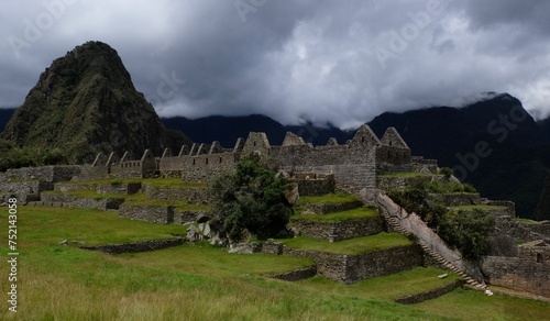Panorama view on the architectural details Machu Picchu ruins, Inca city, Peru