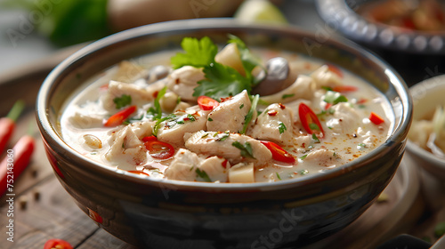 Tom Kha Kai: ingredients include chicken, coconut milk, galangal, and various herbs.