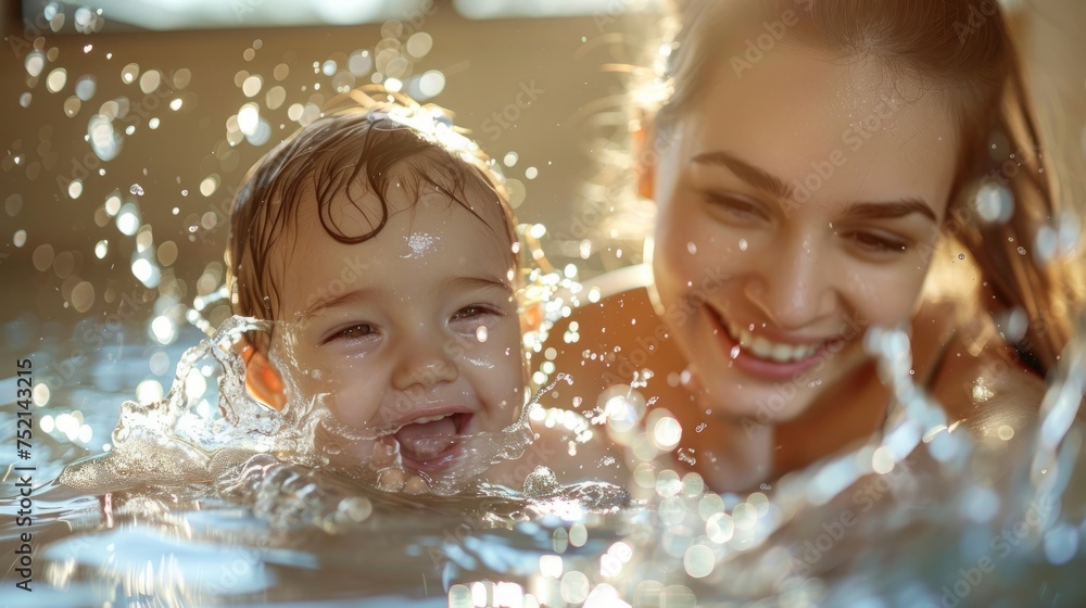 Obraz premium Young toddler and his mom happily smiling enjoying their first bath together, childhood and motherhood joy