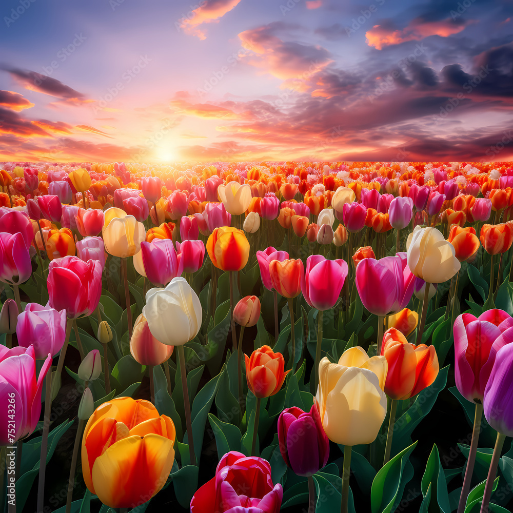 A field of tulips in various vibrant colors.