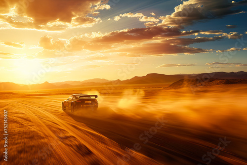 Rally race car drifting on dirt track.