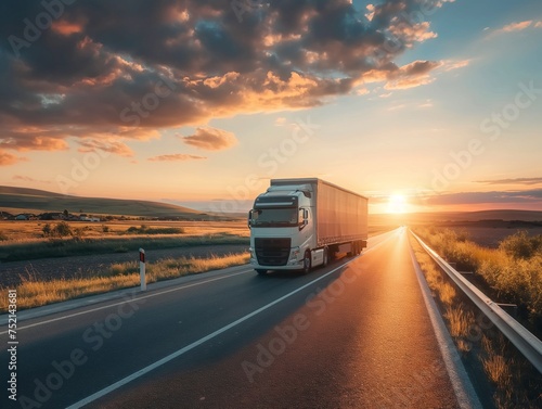 Majestic view of a truck speeding along the highway at sunset, casting golden hues across the landscape.