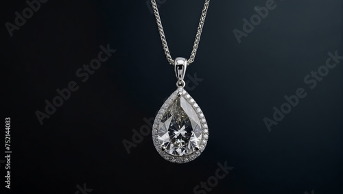 large, drop-shaped diamond in a platinum necklace on a dark background.
