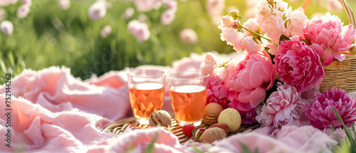 Fototapeta Naklejka Na Ścianę i Meble -   Picnic at blooming peonies meadow.Tablecloth on the grass in a park. Outdoors rest. Breakfast on the nature. Generative ai