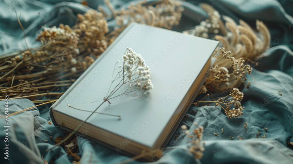 realistic photography of a white soft-cover book on a table realistic photography of a white soft-cover book on a table