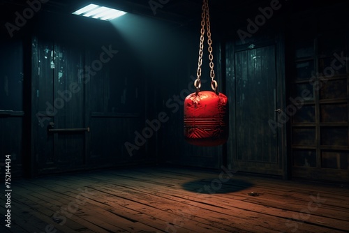a punching bag from a chain in a dark room