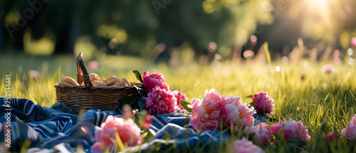 Fototapeta Naklejka Na Ścianę i Meble -   Picnic at blooming peonies meadow.Tablecloth on the grass in a park. Outdoors rest. Breakfast on the nature. Generative ai