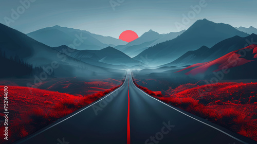 Road and mountain in black and red. Wallpaper