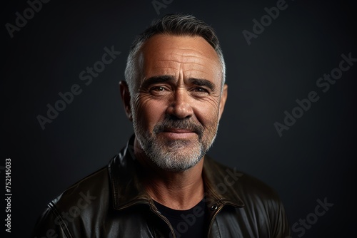 Portrait of a handsome mature man in leather jacket on dark background.